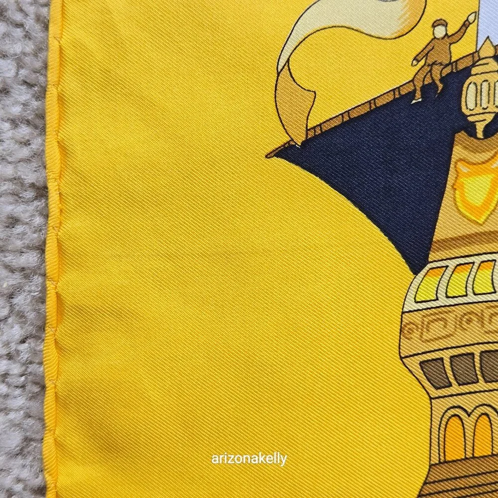 Hermès "Armada" Vintage Yellow Silk Scarf Hand Rolled Carre 90 Nautical Ships - Picture 10 of 16